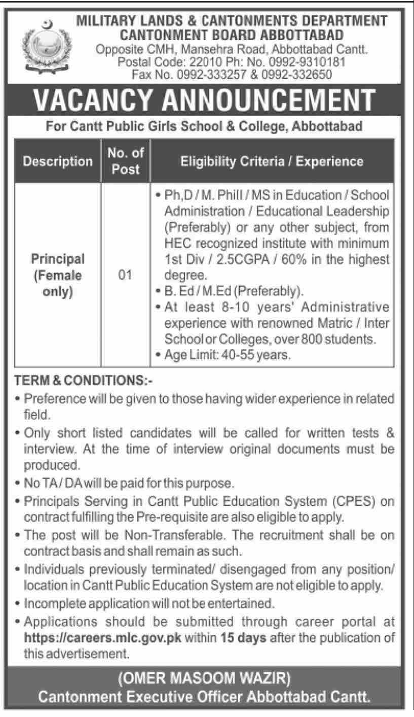 Military Lands & Cantonment Department Abbottabad Jobs